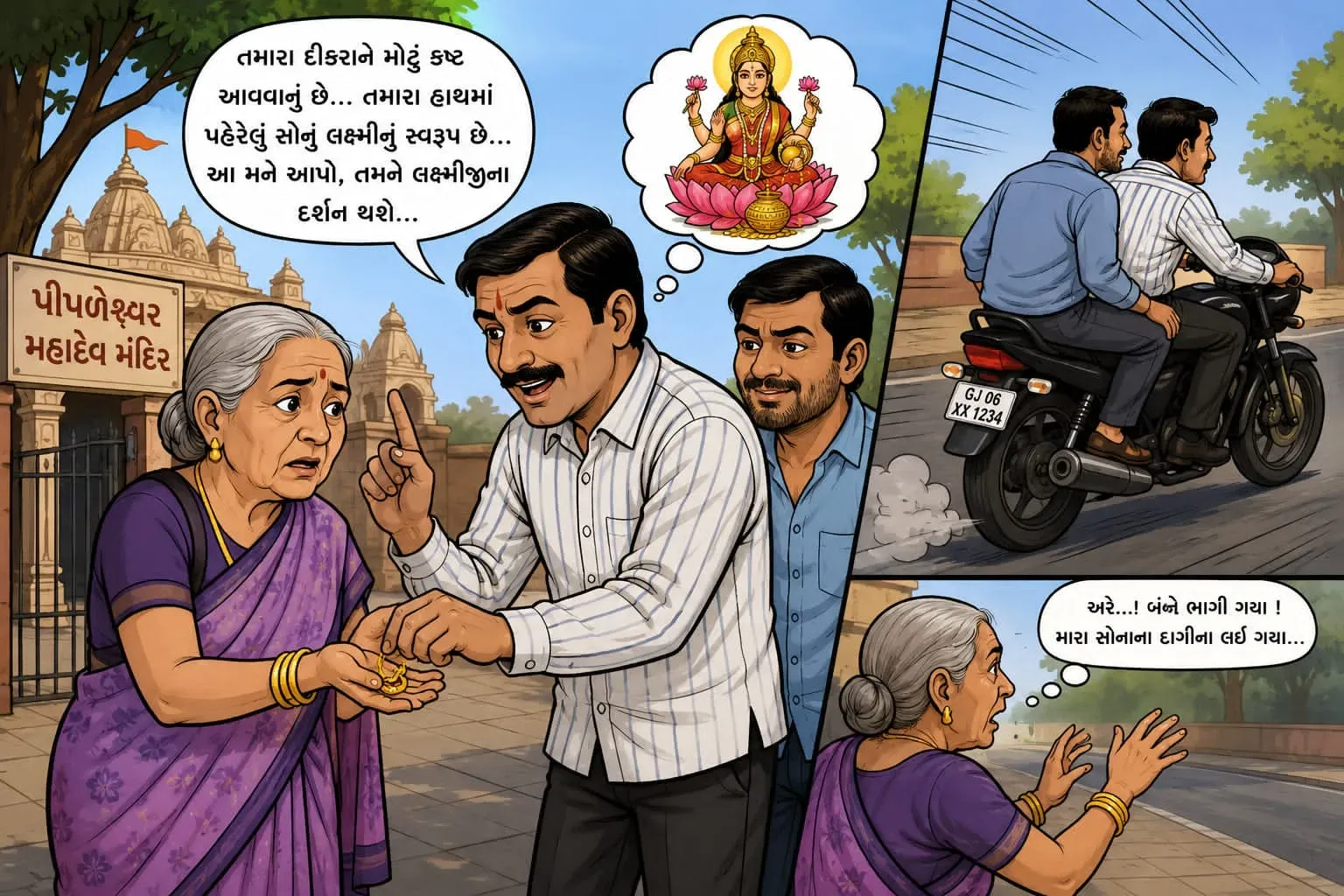 લક્ષ્મીજીના દર્શન કરાવવાના બહાને બે ગઠિયાઓએ 75 વર્ષીય વૃદ્ધાને વિશ્વાસમાં લઈ સોનાના દાગીના પડાવી લીધા, ઘટના બાદ બંને આરોપીઓ ફરાર થઈ ગયા, પોલીસે ગુનો નોંધી તપાસ શરૂ કરી છે.