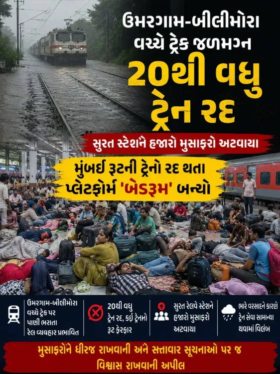 સુરત રેલવે સ્ટેશન પર અનેક ટ્રેનો રદ થતાં મુસાફરોને ભારે હાલાકીનો સામનો કરવો પડ્યો, પ્લેટફોર્મ અસ્થાયી આશ્રયસ્થાનમાં ફેરવાઈ ગયા, મુસાફરો કલાકો સુધી ટ્રેન સેવા પુનઃ શરૂ થવાની રાહ જોતા રહ્યા.