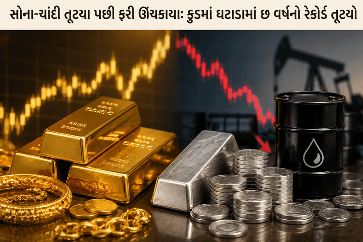 સોના-ચાંદીના ભાવમાં દિવસભર ભારે વધઘટ જોવા મળી, પરંતુ અંતે તેજી સાથે બજાર બંધ થયું. બીજી તરફ ક્રૂડ ઓઇલના ભાવમાં છ વર્ષનો સૌથી મોટો ઘટાડો નોંધાયો.